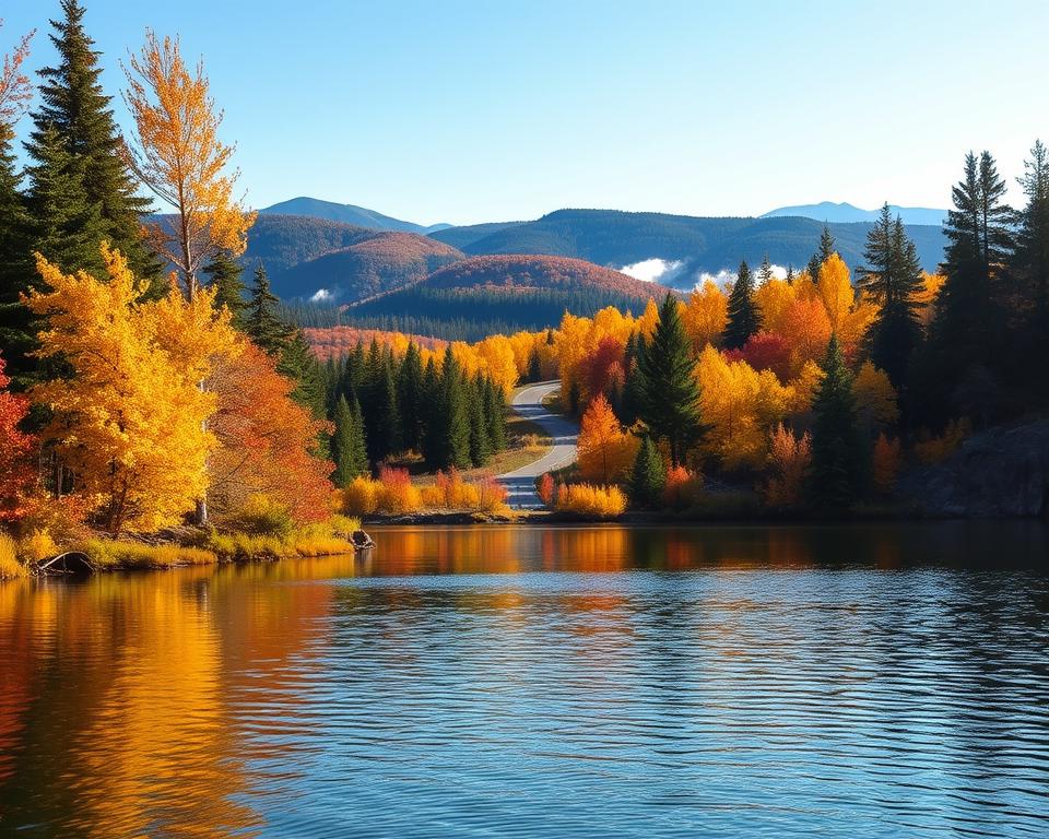 A serene autumn landscape of Algonquin Provincial Park, showcasing its rich ecosystems. In the foreground, a pristine lake reflects the vibrant colors of autumn foliage—golden yellows, fiery reds, and deep oranges from varying trees, contrasted with evergreen conifers. In the middle ground, a winding path leads through a forest with a mix of deciduous and coniferous trees, promoting a sense of adventure. The background features rolling hills and distant mountains, partially shrouded in mist, adding depth. Soft, warm sunlight filters through the leaves, casting gentle shadows and creating a tranquil, inviting atmosphere. A clear blue sky stretches above, enhancing the feeling of openness and serenity in this natural wonder.