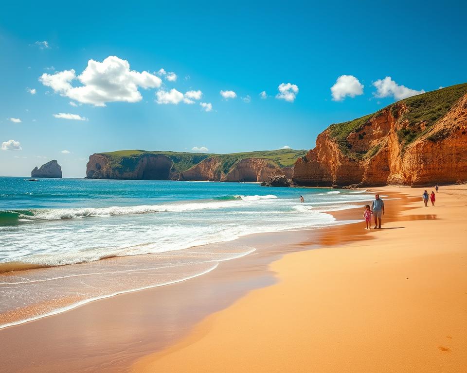 A serene beach landscape in Portugal showcasing the beautiful coastline during the summer season. In the foreground, gentle waves lap against soft, golden sands, with a few beachgoers enjoying the pleasant weather, wearing modest casual clothing. In the middle ground, families can be seen playing near the water’s edge while others leisurely stroll along the beach. The vibrant blue ocean reflects the bright sun, creating a warm, inviting atmosphere. In the background, typical Portuguese cliffs rise majestically, adorned with lush greenery. The sky is clear and bright, with soft, fluffy clouds scattered above. The lighting is warm and vibrant, reminiscent of a perfect summer day, capturing the essence of Portugal's ideal swim temperatures during peak travel months. The image conveys a relaxing and enjoyable beach experience, highlighting the charm of Portugal’s coastline. A serene beach landscape in Portugal showcasing the beautiful coastline during the summer season. In the foreground, gentle waves lap against soft, golden sands, with a few beachgoers enjoying the pleasant weather, wearing modest casual clothing. In the middle ground, families can be seen playing near the water’s edge while others leisurely stroll along the beach. The vibrant blue ocean reflects the bright sun, creating a warm, inviting atmosphere. In the background, typical Portuguese cliffs rise majestically, adorned with lush greenery. The sky is clear and bright, with soft, fluffy clouds scattered above. The lighting is warm and vibrant, reminiscent of a perfect summer day, capturing the essence of Portugal's ideal swim temperatures during peak travel months. The image conveys a relaxing and enjoyable beach experience, highlighting the charm of Portugal’s coastline.