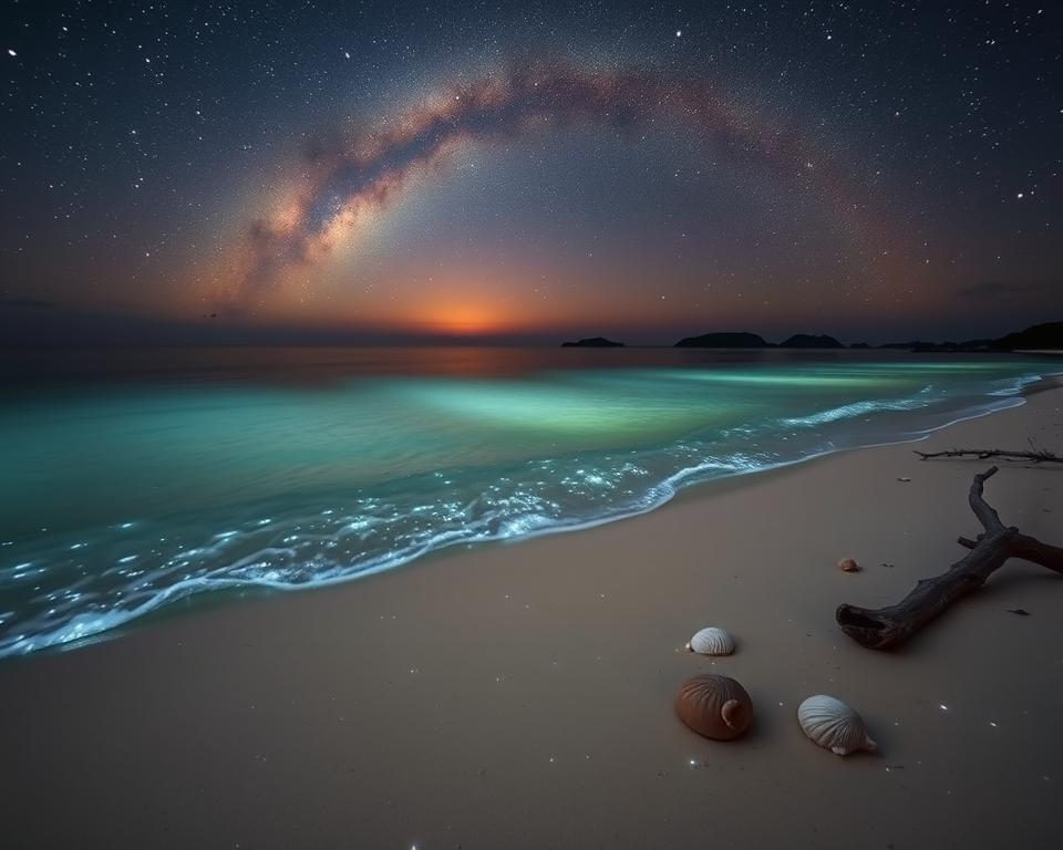A serene beach scene at night in the Maldives, showcasing the mesmerizing Sea of Stars phenomenon. In the foreground, gentle waves lap against the shore, illuminated by the bioluminescent phytoplankton, creating a sparkling, ethereal glow. The middle ground features soft, powdery sand dotted with seashells and driftwood under a starlit sky. In the background, a calm ocean stretches to the horizon where it meets the silhouette of distant islands, providing a sense of depth. The sky is filled with countless stars, with the Milky Way arching gracefully overhead, casting a soft luminescence. The scene is captured with a wide-angle lens, emphasizing the vastness of the night sky and water reflections. The atmosphere is tranquil and magical, inviting viewers to experience this natural wonder.