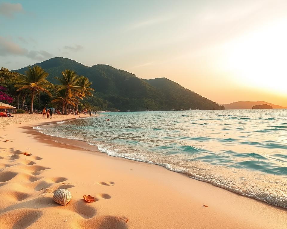 A serene beach scene capturing the stunning beauty of Sanya, China. In the foreground, soft golden sands are gently lapped by crystal-clear turquoise waters. A few seashells and beach towels add depth to the scene. In the middle ground, palm trees sway lightly in a warm breeze, with families enjoying a relaxing day on the beach, dressed modestly in casual attire. The background showcases the breathtaking silhouette of lush green hills that frame the coastline, adorned with vibrant tropical flowers. The sky is painted in soft pastels of sunset, casting a warm glow over the entire landscape. The atmosphere feels tranquil and inviting, perfect for a tropical getaway, with sunlight casting gentle reflections on the water to create a dreamlike quality in the composition.