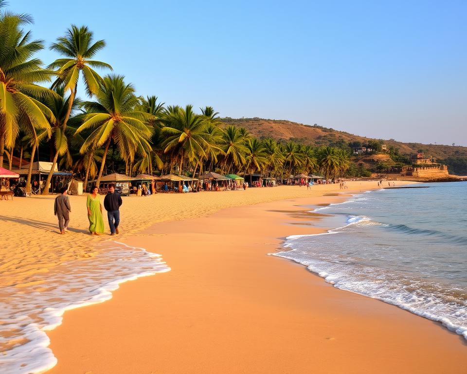A serene beach scene in Goa, showcasing soft golden sands lined with lush palm trees under a clear blue sky. In the foreground, waves gently lap the shore, creating a sense of tranquility. A few modestly dressed tourists stroll along the beach, enjoying the sunset glow as it reflects off the water's surface. In the middle ground, traditional Goan beach shacks with colorful umbrellas offer refreshments and local delicacies, suggesting a vibrant atmosphere. The background features rolling hills with remnants of Portuguese architecture, hinting at the rich cultural heritage of the area. The lighting is warm and inviting, capturing the essence of a relaxing evening by the sea, evoking a peaceful and joyful mood.