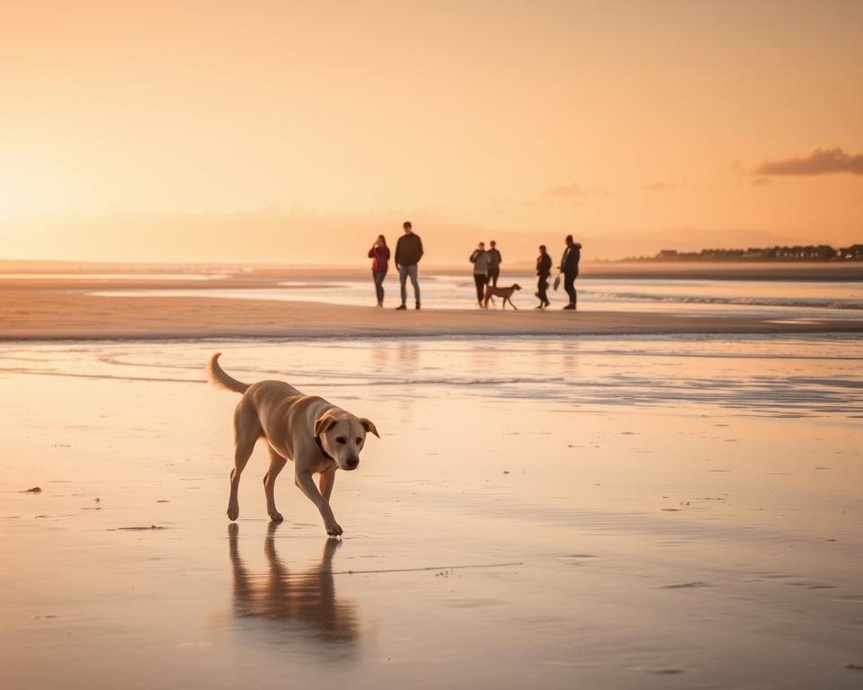 A serene beach scene in St. Peter-Ording at low tide, showcasing the expansive mudflat, or "Watt," glistening under a soft golden sunset. In the foreground, a playful dog, a Labrador retriever, is exploring the wet sand cautiously, reflecting curiosity. In the middle ground, a small group of tourists, dressed in casual beachwear, are enjoying the tranquil environment while keeping an eye on their dogs, emphasizing safety at the shore. The background features gentle waves lapping at the shore and a distant outline of picturesque beach huts, with subtle clouds tinted orange by the setting sun. The atmosphere is calm yet lively, conveying a sense of freedom and joy while highlighting the importance of safety for dogs near the water. The image should capture warm, soft lighting with a wide-angle view, creating an inviting and peaceful scene.