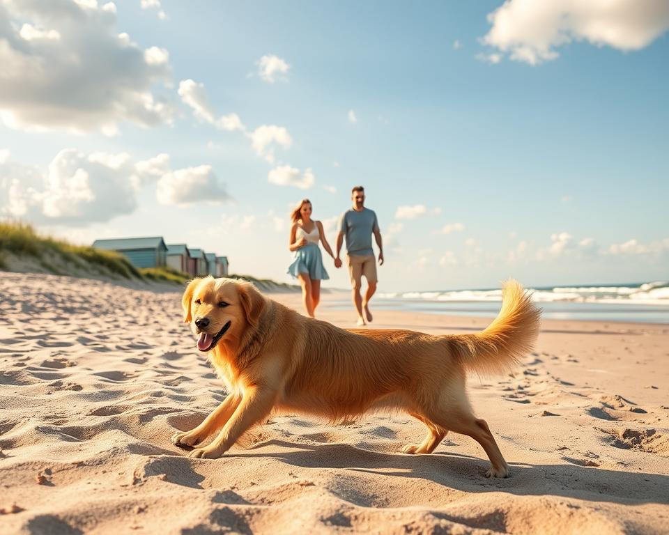 A serene beach scene in St. Peter-Ording during the best travel time for a holiday with a dog. In the foreground, a happy dog, a golden retriever, plays in the soft sand, his fur glistening in the gentle sunlight. In the middle ground, a couple, dressed in casual, modest beach attire, strolls hand-in-hand along the water's edge, smiling and enjoying the warm weather. To the background, the iconic beach huts stand against a bright blue sky, with fluffy white clouds drifting lazily. The warm, golden light of late afternoon creates a peaceful, inviting atmosphere, perfect for a relaxing beach holiday. Capture the colors vividly to reflect the joy of a summer getaway, emphasizing the bond between pets and their owners.
