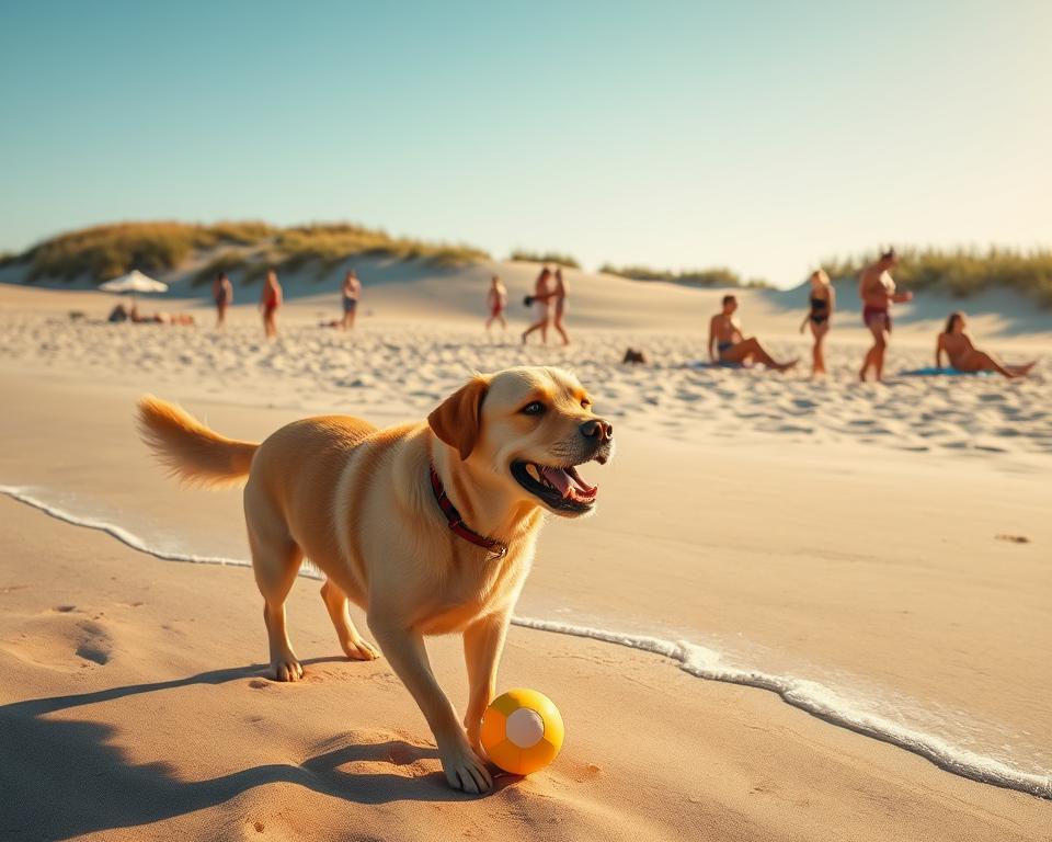 A serene beach scene in St. Peter-Ording, showcasing a sandy shore with gentle waves lapping at the edge. In the foreground, a happy, medium-sized dog, possibly a Labrador Retriever, is playing with a beach ball, its fur glistening under soft, golden sunlight. In the middle ground, sunbathers in modest swimwear are enjoying the warm weather, umbrellas dotting the sand for shade, while a few families walk with their dogs. The background features a picturesque sand dune, dotted with grasses swaying in the breeze, under a clear blue sky. The lighting is warm and inviting, capturing a relaxed summer atmosphere, evoking a sense of joy and leisure without distractions, perfect for pet owners enjoying their holiday by the beach.