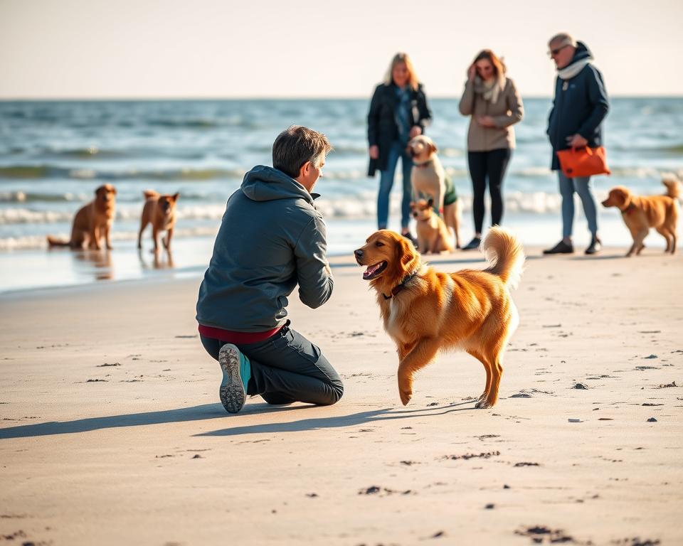 A serene beach scene in St. Peter-Ording with a focus on dog training. In the foreground, a trainer kneels on the sandy shore, calling a playful dog running towards them, demonstrating effective recall techniques. The dog, a golden retriever, has its ears perked up, tail wagging, embodying eagerness and joy. In the middle ground, several other well-behaved dogs are interacting with their owners, all dressed in modest casual attire, showcasing positive encounters. The background features gentle waves lapping at the shore, with a clear blue sky and soft, warm sunlight creating a relaxed atmosphere. The scene conveys a sense of harmony and connection between humans and dogs, highlighting the importance of training in a beautiful beach setting.