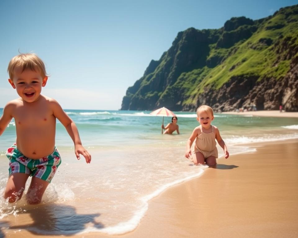 A serene beach scene on Madeira, showcasing a family-friendly atmosphere. In the foreground, two children wearing modest, colorful summer clothing play in the gentle waves, splashing and laughing. The middle ground features their parents, relaxed and enjoying the sun, with a beach umbrella and a picnic blanket spread out beside them. In the background, lush green cliffs rise majestically against a clear blue sky, while golden sands stretch along the coastline. Soft sunlight bathes the scene, creating a warm, inviting mood. Use a wide-angle lens to capture the vibrancy of the location and a bright, cheerful color palette to evoke a sense of joy and relaxation. The composition should convey tranquility and family bonding in a picturesque setting.
