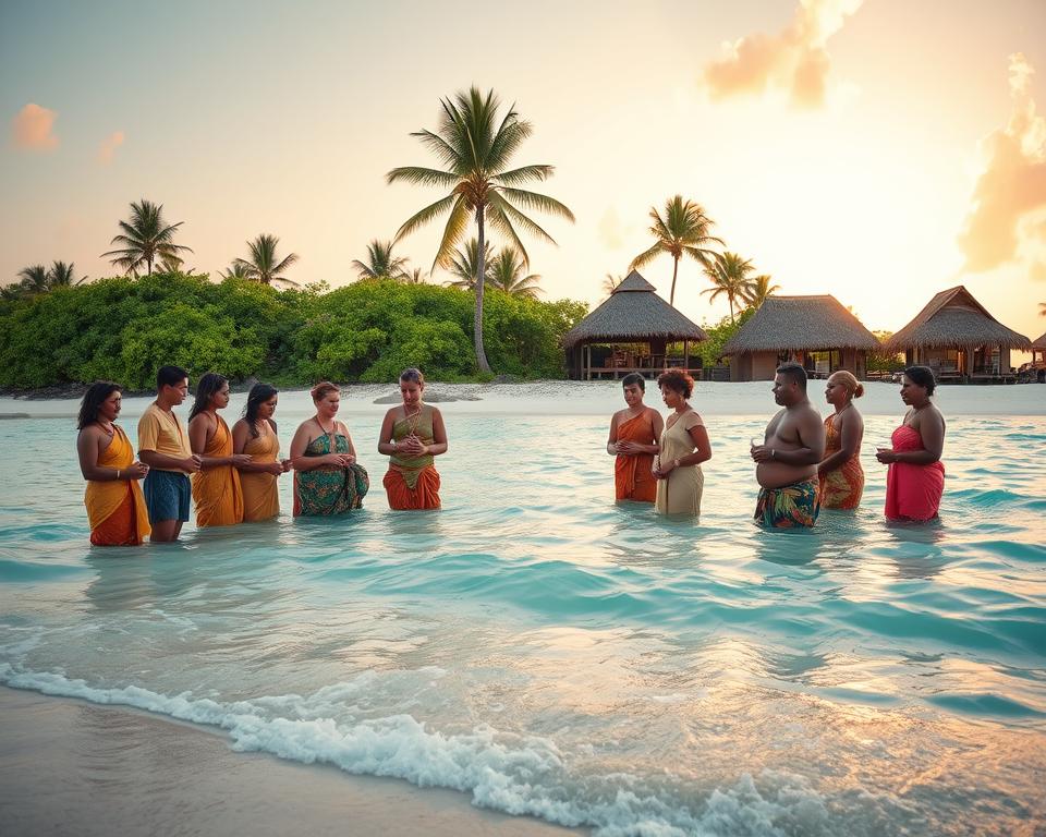 A serene beach scene on a coral island in Oceania, with vibrant turquoise waters gently lapping at the shore. In the foreground, a group of local people, dressed in modest traditional attire, engage in a cultural exchange, showcasing handmade crafts and sharing stories. The middle ground features lush greenery with palm trees swaying lightly in the breeze, while traditional thatched huts are visible in the background. A soft, warm sunset casts a golden hue over the scene, enhancing the atmosphere of connection and respect. The image is captured with a wide-angle lens to emphasize the beauty and culture of the island, creating an inviting and tranquil ambiance.