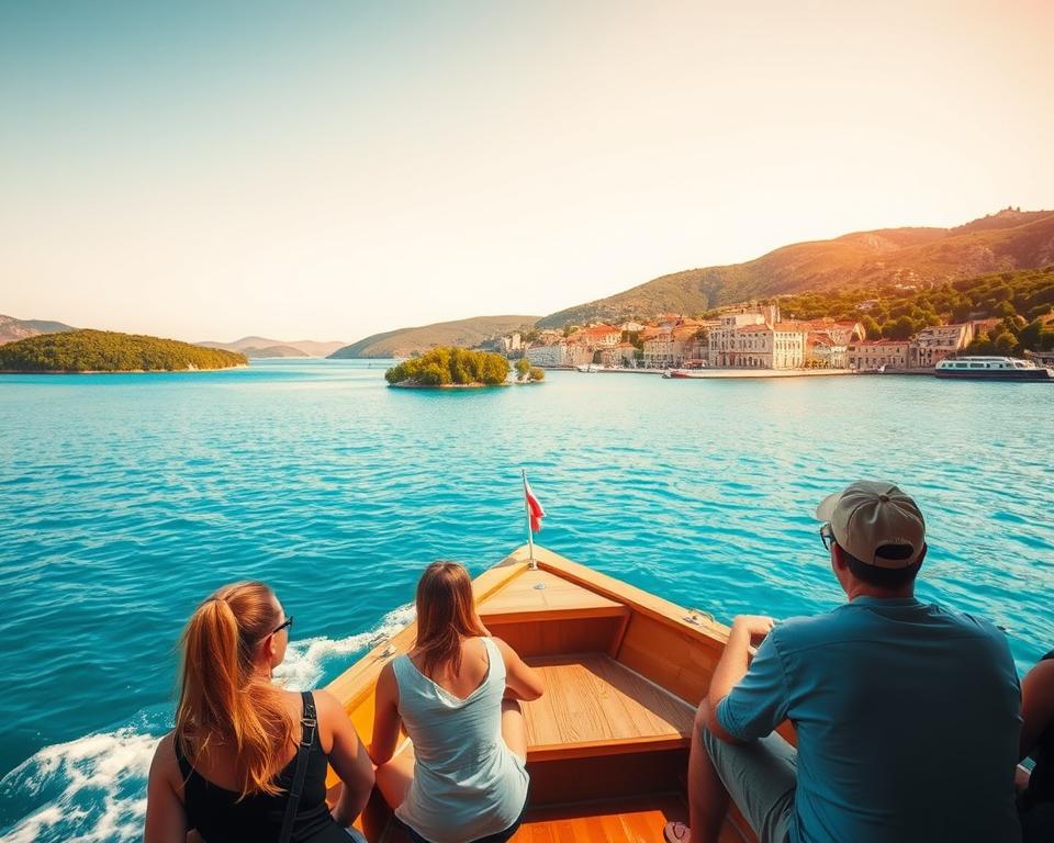 A serene boat tour on the crystal-clear waters near Trogir, capturing the essence of a peaceful experience away from mass tourism. In the foreground, a small wooden boat with a few travelers in modest casual clothing, gazing at the picturesque coastline. The middle layer features lush green islands dotting the horizon, while the charming stone buildings of Trogir can be glimpsed in the distance, framed by vibrant blue skies. The background displays gently rolling hills and a warm sunset casting a golden glow over the scene, enhancing the tranquil atmosphere. The lighting should be soft and natural, capturing the calm of an early evening and inviting viewers into a hidden gem of Trogir's beauty.