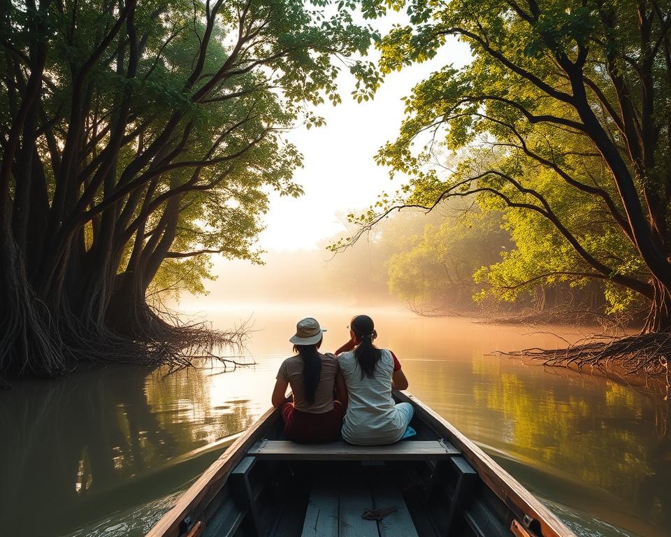 A serene bootssafari scene in the Sundarbans, showcasing a traditional wooden boat navigating through the lush mangrove forest. In the foreground, capture the boat with a couple of travelers in modest casual clothing, gazing in awe at the surroundings. The middle ground features dense, vibrant green mangrove trees with intertwined roots, some reflecting in the calm, gentle waters. In the background, a soft mist envelops the forest, hinting at the mystery of this UNESCO World Heritage site. The lighting is warm and golden, suggesting either early morning or late afternoon, creating a tranquil and inviting atmosphere. The composition should be captured from a slightly elevated angle to emphasize the depth of the forest and waterway, evoking a sense of adventure and exploration.