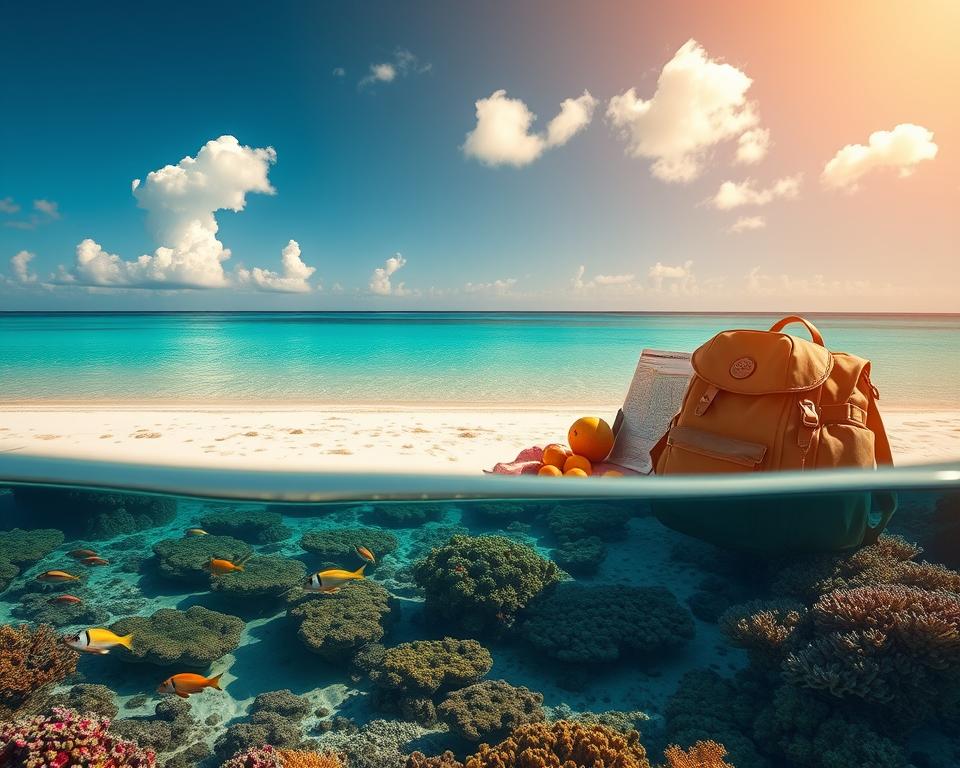 A serene, breathtaking view of the coral islands in Oceania, captured from an elevated angle. In the foreground, vibrant coral reefs with diverse marine life, showcasing colorful fish and healthy corals, glisten underwater. The middle ground features a pristine beach with soft white sand, where a tasteful picnic setup suggests budget-friendly travel – a backpack, a map, and some local fruits. In the background, the clear turquoise waters blend into a brilliant blue sky, dotted with soft, fluffy clouds. The warm sunlight bathes the scene in a golden glow, creating a tranquil and inviting atmosphere. The composition emphasizes a realistic travel experience, encouraging viewers to dream about their journey to these islands.