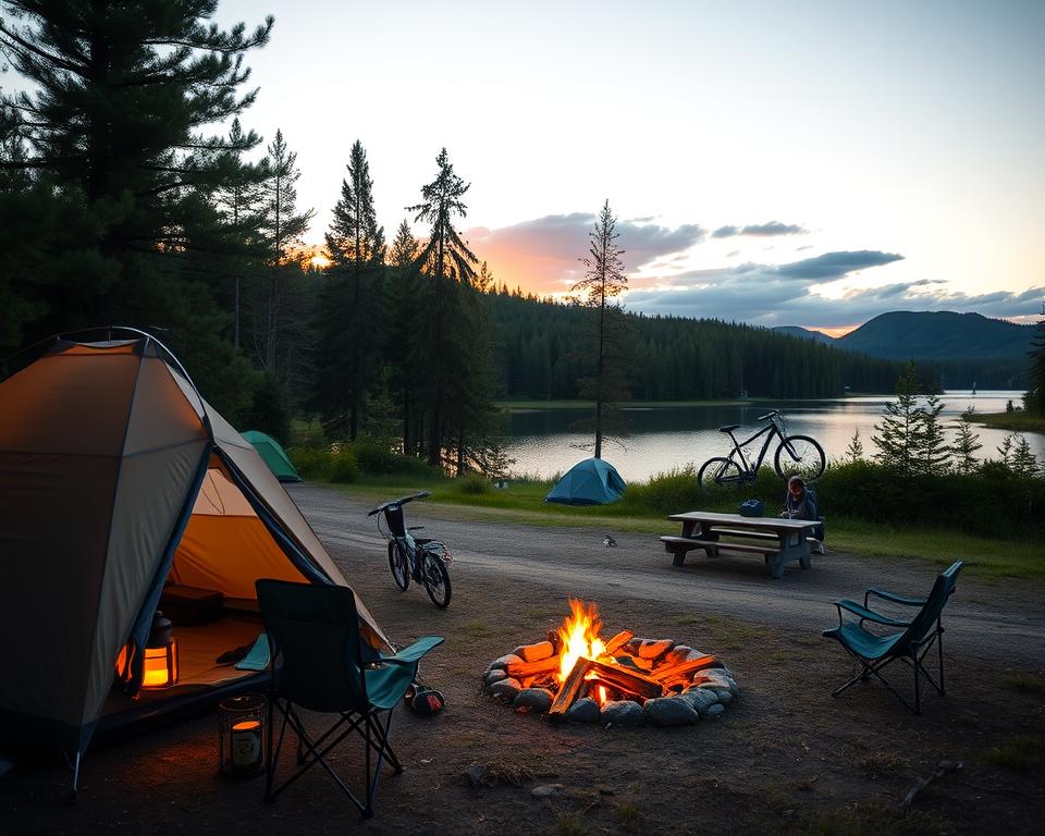A serene camping ground in Sweden during the golden hour, showcasing a tranquil lake surrounded by lush, green pine forests. In the foreground, a cozy tent with a warm glow emanating from a lantern outside, next to a small campfire with a couple of camp chairs arranged around it. The middle ground features scattered camping amenities like a picnic table and bicycles, hinting at leisure activities. In the background, rolling hills fade into a vibrant sunset sky with soft clouds. The atmosphere is peaceful and inviting, evoking feelings of adventure and relaxation in nature. The lighting is soft and warm, captured from a slightly elevated angle to encompass the beauty of the scenery.