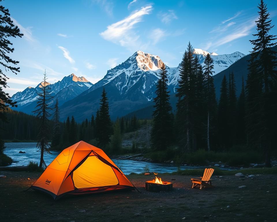 A serene camping scene nestled within Revelstoke National Park, showcasing a cozy tent set up beside a sparkling river. In the foreground, the tent is illuminated by warm, golden evening light, with a nearby campfire gently flickering at its side. The middle ground features tall pine trees and a wooded area, framing the tent and river. In the background, majestic mountain peaks capped with snow rise under a clear blue sky, dotted with wispy white clouds. The scene is peaceful, evoking a sense of adventure and tranquility, perfect for outdoor enthusiasts. Soft shadows and highlights enhance the natural beauty of the landscape, captured from a slightly elevated angle to encompass the vista. The atmosphere is inviting and idyllic, reflecting the essence of camping in nature.