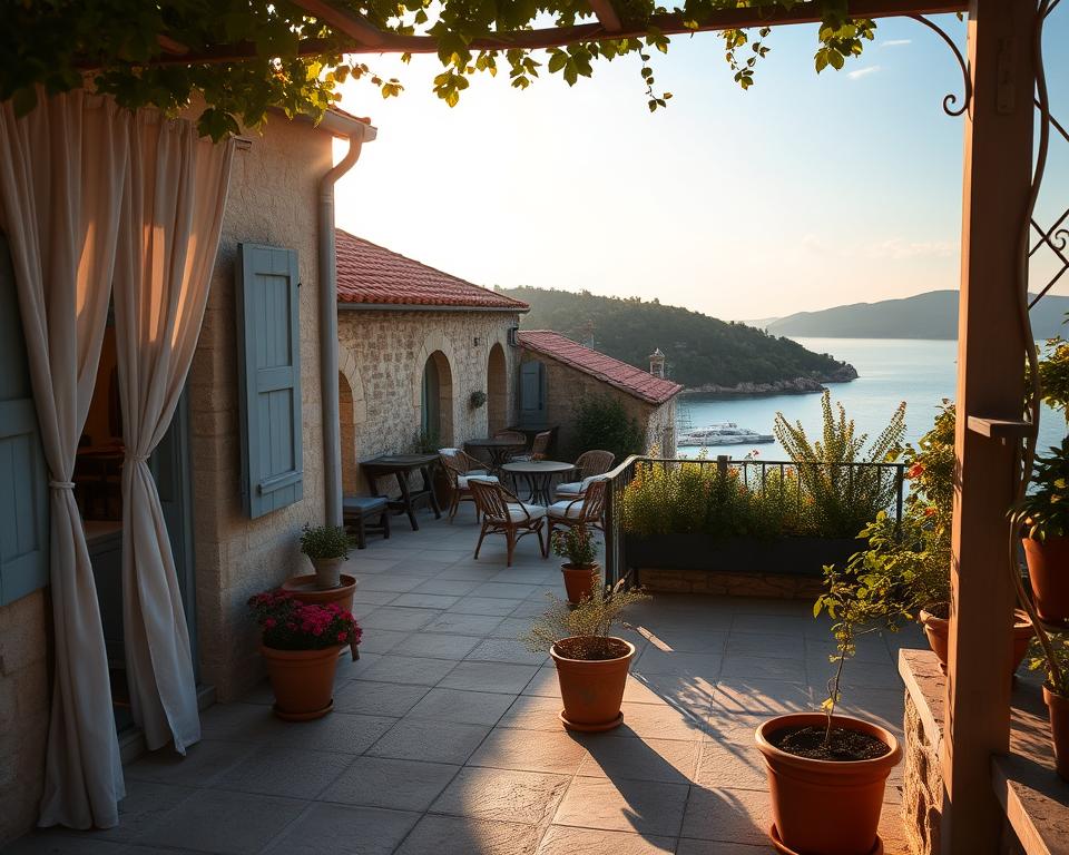 A serene, charming boutique accommodation in Trogir, Croatia, nestled away from the bustling tourist spots. In the foreground, a cozy terrace adorned with potted flowers and soft drapes, inviting guests to relax. The middle ground showcases a quaint, rustic stone building with arched windows, radiating warmth and tranquility. The backdrop features the stunning Adriatic coastline, bathed in the golden glow of the late afternoon sun, highlighting the peaceful ambiance. Soft, diffused lighting enhances the inviting atmosphere, ideal for a quiet retreat. The scene is shot from a slightly elevated angle, capturing both the intimate details of the terrace and the expansive sky, ensuring a harmonious blend of nature and architecture. The mood is calm and relaxed, embodying an idyllic escape in Trogir.