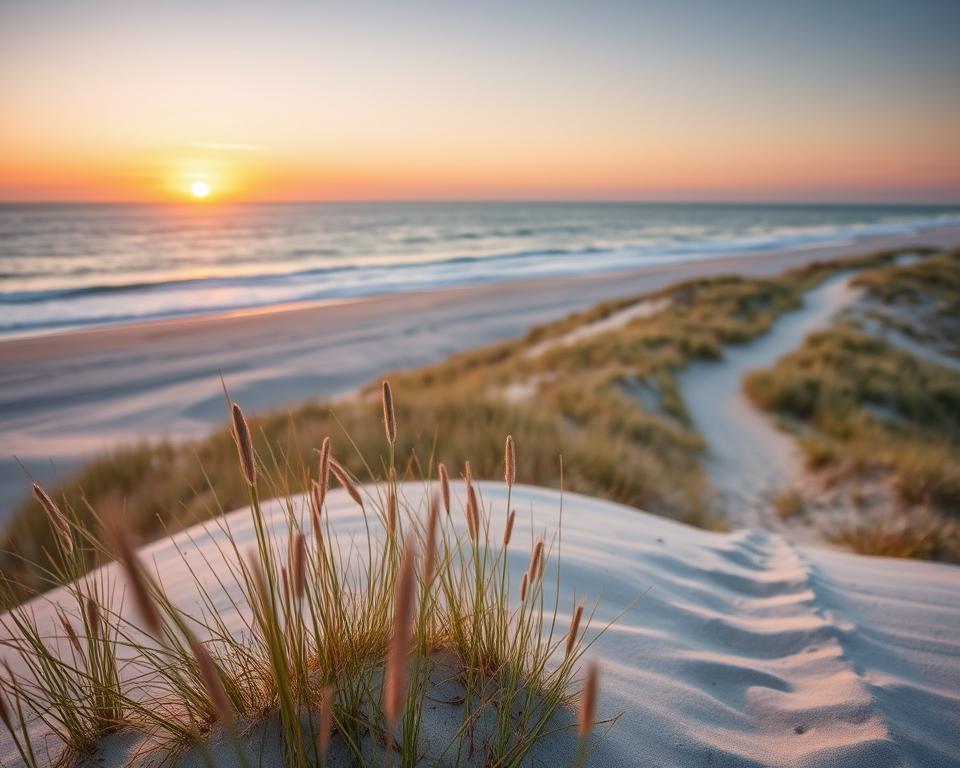 A serene coastal landscape of the White Sea during a late afternoon sun, where gentle waves lap against pristine sandy beaches. In the foreground, delicate tufts of grass sway in the soft breeze, framed by undulating sand dunes. The middle ground features a winding trail that leads to the beach, inviting exploration. In the background, the expansive arctic waters stretch out under a sky painted with warm hues of orange and pink as the sun sets, casting a golden glow on the shoreline. The scene is tranquil, evoking a sense of peace and discovery. The lighting is soft and warm, enhancing the natural beauty of the area, with a wide-angle perspective that captures the vastness of the coast. A serene coastal landscape of the White Sea during a late afternoon sun, where gentle waves lap against pristine sandy beaches. In the foreground, delicate tufts of grass sway in the soft breeze, framed by undulating sand dunes. The middle ground features a winding trail that leads to the beach, inviting exploration. In the background, the expansive arctic waters stretch out under a sky painted with warm hues of orange and pink as the sun sets, casting a golden glow on the shoreline. The scene is tranquil, evoking a sense of peace and discovery. The lighting is soft and warm, enhancing the natural beauty of the area, with a wide-angle perspective that captures the vastness of the coast.