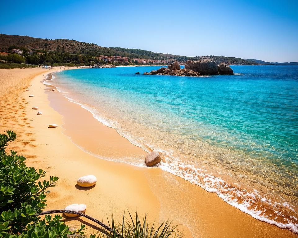 A serene coastal scene depicting hidden coves and beaches near Trogir, Croatia. In the foreground, soft, golden sand stretches along the shoreline, with gentle waves lapping at the beach. A few smooth, sun-kissed stones dot the sandy area, while lush green vegetation frames the beach. In the middle ground, crystal-clear turquoise waters reflect the bright blue sky, inviting visitors to explore. Small, rocky outcrops rise above the water, creating a natural barrier. In the background, the picturesque hills of Trogir are visible, bathed in warm, golden sunlight. The atmosphere is tranquil and inviting, capturing the essence of a hidden gem. The scene should be photographed from a low angle to emphasize the beach's intimacy, using soft lighting that highlights the vibrant colors and creates a peaceful mood.