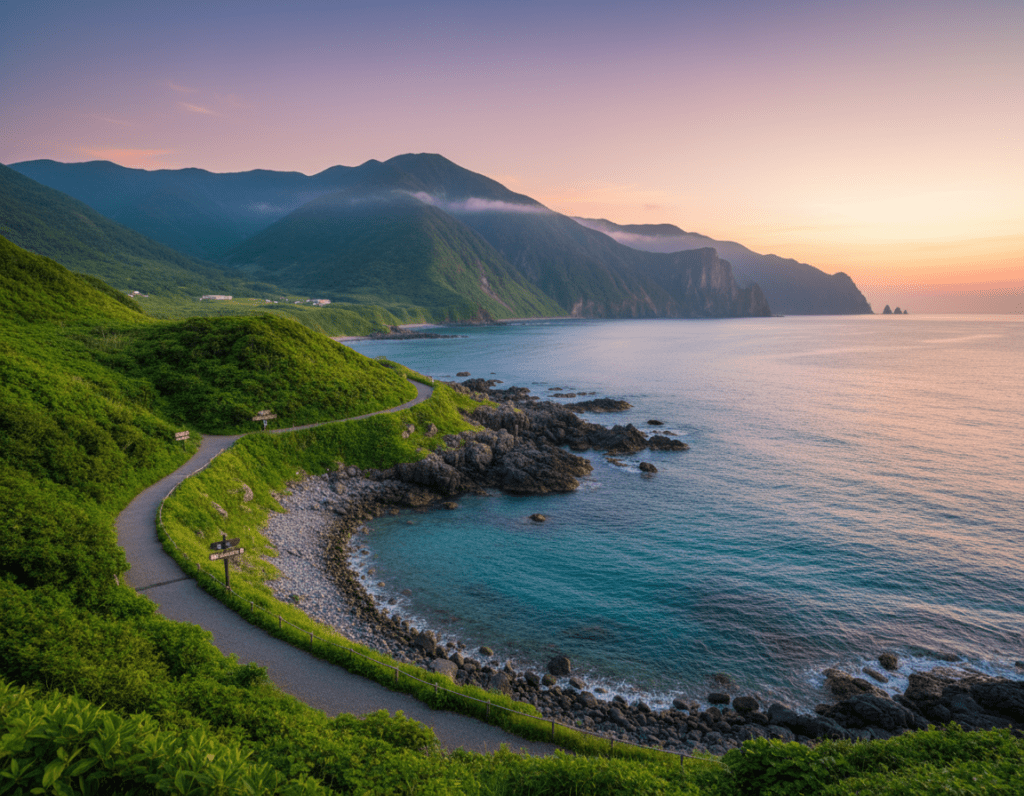 A serene coastal scene depicting the journey to the Shiretoko National Park, emphasizing access points to Utoro and Rausu. In the foreground, clear turquoise waters gently lap against a rocky shoreline adorned with lush green vegetation. A well-maintained path leads travelers towards the vibrant green mountains in the middle ground, where soft, rolling hills rise to meet a breathtaking sky painted in warm hues of sunset. In the background, the rugged cliffs of Hokkaido loom majestically, shrouded in a gentle mist, adding a mystical quality to the landscape. The mood is tranquil and inviting, suggesting a sense of adventure and connection with nature. The image captures this scene using a wide-angle lens, with soft, natural lighting that enhances the beauty of the surroundings.