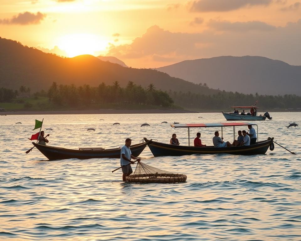 A serene coastal scene in Lovina, Indonesia, capturing a vibrant day of excursions. In the foreground, a traditional Balinese fishing boat with colorful flags rests gently on calm waters, with a local fisherman in modest, casual clothing preparing to cast a net. The middle ground features lush green hills dotted with palm trees, while small-group tourists enjoy a boat tour, observing playful dolphins leaping in the water. In the background, a dramatic sunset casts warm golden and orange hues across the sky, reflected on the ocean surface. Use soft lighting to enhance the tranquil atmosphere, shot from a low angle to emphasize the foreground elements while keeping a wide lens perspective to capture the expansive beauty of Lovina's shoreline.