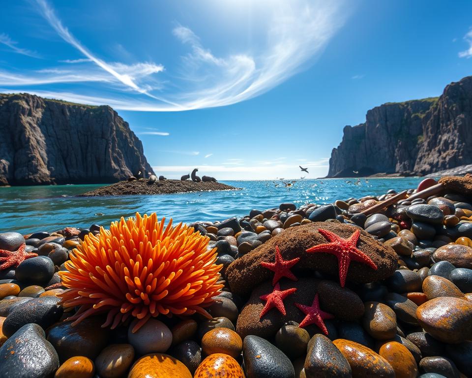 A serene coastal scene of the Bay of Fundy, showcasing vibrant marine life. In the foreground, a cluster of colorful sea anemones and starfish clings to the rocky shore, surrounded by glistening wet pebbles. The middle ground features playful seals basking on a sun-drenched ledge, while schools of small fish dart beneath the gentle waves. In the background, towering cliffs rise majestically against a clear blue sky, framed by wispy clouds. Sunlight filters through, casting soft reflections on the water, enhancing a tranquil and inviting atmosphere. The scene captures the unique biodiversity of the region, inviting viewers to appreciate its natural beauty. Use a wide-angle lens to emphasize depth, highlighting the vivid colors and textures of the marine ecosystem. A serene coastal scene of the Bay of Fundy, showcasing vibrant marine life. In the foreground, a cluster of colorful sea anemones and starfish clings to the rocky shore, surrounded by glistening wet pebbles. The middle ground features playful seals basking on a sun-drenched ledge, while schools of small fish dart beneath the gentle waves. In the background, towering cliffs rise majestically against a clear blue sky, framed by wispy clouds. Sunlight filters through, casting soft reflections on the water, enhancing a tranquil and inviting atmosphere. The scene captures the unique biodiversity of the region, inviting viewers to appreciate its natural beauty. Use a wide-angle lens to emphasize depth, highlighting the vivid colors and textures of the marine ecosystem.