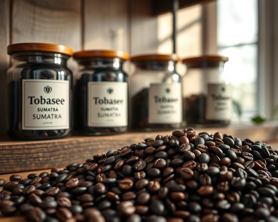 A serene coffee storage scene featuring a variety of Tobasee Sumatra coffee beans nestled in elegant glass jars with wooden lids, displayed on a rustic wooden shelf. In the foreground, fresh coffee beans spill artfully onto the shelf, highlighting their rich, dark color and glossy texture. The middle ground includes several jars labeled with elegant, minimalistic designs, showcasing the quality of the beans inside. In the background, soft diffused natural light filters through a nearby window, casting gentle shadows that create a warm and inviting atmosphere. The overall mood feels calm and sophisticated, emphasizing the importance of proper coffee storage. The scene is shot with a shallow depth of field to focus on the beans, using a soft lens to enhance the texture and color contrasts. A serene coffee storage scene featuring a variety of Tobasee Sumatra coffee beans nestled in elegant glass jars with wooden lids, displayed on a rustic wooden shelf. In the foreground, fresh coffee beans spill artfully onto the shelf, highlighting their rich, dark color and glossy texture. The middle ground includes several jars labeled with elegant, minimalistic designs, showcasing the quality of the beans inside. In the background, soft diffused natural light filters through a nearby window, casting gentle shadows that create a warm and inviting atmosphere. The overall mood feels calm and sophisticated, emphasizing the importance of proper coffee storage. The scene is shot with a shallow depth of field to focus on the beans, using a soft lens to enhance the texture and color contrasts.
