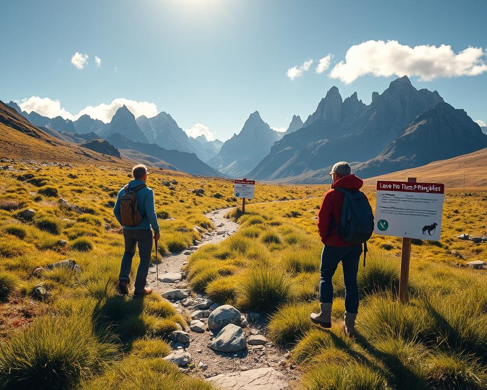 A serene composition capturing the essence of "Leave No Trace" principles in Patagonia's Torres del Paine National Park. In the foreground, a pair of hikers in modest, practical clothing pause to admire the pristine landscape, taking care not to tread on delicate vegetation. The middle ground features a sunlit path winding through lush green grasses and smooth stones, with signs illustrating Leave No Trace principles subtly integrated into the scene. In the background, majestic mountains rise under a clear blue sky, with clouds gently drifting above. The lighting is warm and inviting, reflecting the golden hour, casting soft shadows. The mood is peaceful and respectful, emphasizing harmony with nature, and highlights the importance of conservation and wildlife respect in this breathtaking environment.