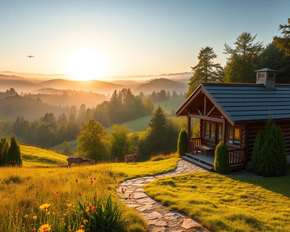 A serene countryside scene depicting the Cleebronn area, featuring a cozy wooden cabin nestled among gently rolling hills and lush green forests. In the foreground, a well-kept pathway leads to the cabin, surrounded by colorful wildflowers and soft grasses, inviting visitors to explore the natural beauty. The middle ground reveals the Wildtierpark Tripsdrill, showcasing playful wildlife, such as deer and birds, in their natural habitat. In the background, misty hills rise under a soft, golden sunrise, casting warm light over the landscape, enhancing a sense of tranquility. The image conveys an atmosphere of peaceful retreat, perfect for a weekend getaway in nature. Use a wide-angle lens perspective to capture the expansive beauty, with well-balanced lighting to highlight the vibrant colors and soft shadows. A serene countryside scene depicting the Cleebronn area, featuring a cozy wooden cabin nestled among gently rolling hills and lush green forests. In the foreground, a well-kept pathway leads to the cabin, surrounded by colorful wildflowers and soft grasses, inviting visitors to explore the natural beauty. The middle ground reveals the Wildtierpark Tripsdrill, showcasing playful wildlife, such as deer and birds, in their natural habitat. In the background, misty hills rise under a soft, golden sunrise, casting warm light over the landscape, enhancing a sense of tranquility. The image conveys an atmosphere of peaceful retreat, perfect for a weekend getaway in nature. Use a wide-angle lens perspective to capture the expansive beauty, with well-balanced lighting to highlight the vibrant colors and soft shadows.