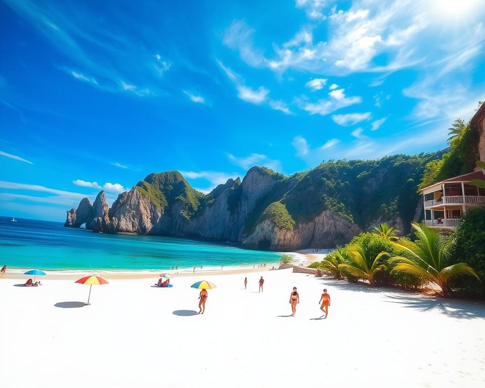 A serene daytime scene depicting "Diamond Beach" on Nusa Penida, showcasing its stunning cliffs and turquoise waters. In the foreground, a pristine stretch of soft white sand is dotted with small, colorful beach umbrellas and a few tourists in modest swimwear enjoying the sun. The middle ground features dramatic, jagged cliffs adorned with lush greenery, creating a breathtaking backdrop. In the background, the horizon meets a vibrant blue sky streaked with wispy clouds, illuminated by bright, natural sunlight. The scene captures the tranquil atmosphere of a day trip with a sense of adventure and relaxation. Use a wide-angle lens to emphasize the grandeur of the landscape and create a sense of depth. The overall mood should evoke a feeling of escape and wonder, perfect for showcasing the beauty of Nusa Penida.