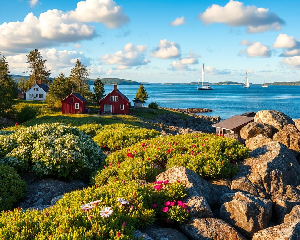 A serene depiction of Sweden's West Coast archipelago, showcasing a rocky shoreline dotted with lush green vegetation and vibrant wildflowers in the foreground. In the middle ground, quaint wooden houses painted in traditional Swedish red and white sit charmingly among the trees, their reflections shimmering on the calm, crystal-clear waters. A few sailboats gracefully glide across the bay, with distant islands framed by soft hills under a bright blue sky with fluffy white clouds. The warm golden light of late afternoon creates a tranquil atmosphere, emphasizing the natural beauty of the scene. The angle captures both the intricate textures of the rocks and plant life, inviting viewers to explore this picturesque coastal paradise.