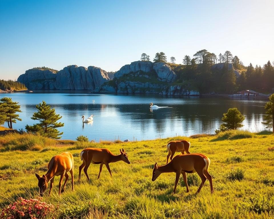 A serene depiction of Sweden's archipelago, showcasing diverse wildlife coexisting in harmony with nature. In the foreground, a family of deer grazes peacefully on lush, green grass, surrounded by wildflowers. The middle layer features a tranquil lake reflecting the clear blue sky, with a pair of swans gliding gracefully across the water. In the background, picturesque rocky cliffs are dotted with pine trees, giving a sense of untouched natural beauty. The scene is bathed in warm, golden sunlight, creating a tranquil atmosphere. The angle is slightly elevated, providing a sweeping view of the landscape, enhancing the feeling of respect for wildlife in their natural habitat. The mood is peaceful and inspiring, inviting viewers to appreciate and protect nature.