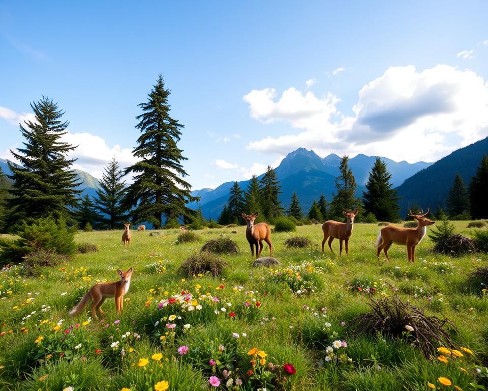 A serene depiction of the Durmitor National Park in Montenegro, showcasing its rich wildlife and diverse plant life. In the foreground, a lush meadow dotted with vibrant wildflowers and small bushes provides a habitat for various animals like curious deer and playful foxes. The middle ground features towering evergreen trees and the silhouette of majestic mountains. In the background, a stunning blue sky with soft, fluffy clouds creates a peaceful atmosphere. Soft, natural lighting bathes the scene, highlighting the textures of the foliage and the animals. Capture the essence of exploration and tranquility, inviting the viewer to imagine discovering the wilderness of Durmitor. Use a wide-angle lens effect to encompass the vastness and beauty of this untouched natural landscape.