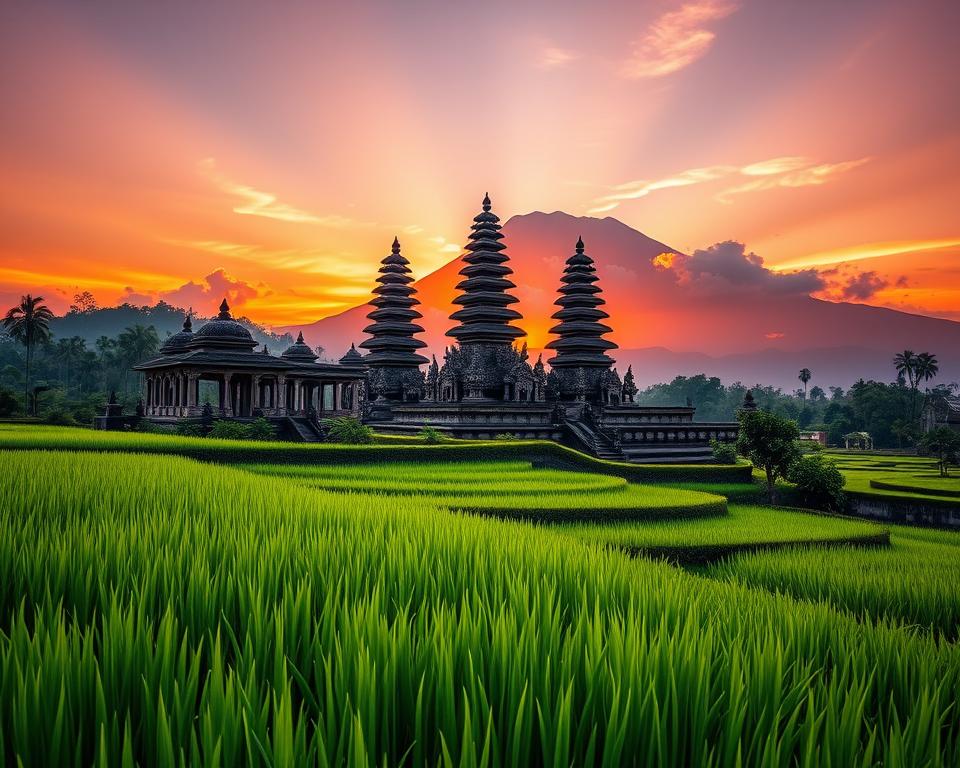 A serene digital representation of Besakih Temple in Bali, set against a vibrant sunset. In the foreground, lush green rice terraces gently lead the eye towards the temple’s ornate architecture, showcasing intricate carvings and multiple tiered shrines. In the middle, balanced and harmonious, the temple complex stands majestically with the silhouette of Mount Agung in the background, partially veiled by soft clouds. The lighting should emphasize warm oranges and deep purples of the sunset, creating a mystical atmosphere. Capture this scene from a slightly elevated angle to provide depth, with an emphasis on tranquility and spiritual resonance, evoking the experience of virtually visiting this sacred site from afar. The image must be clear, immersive, and devoid of any text or marks.