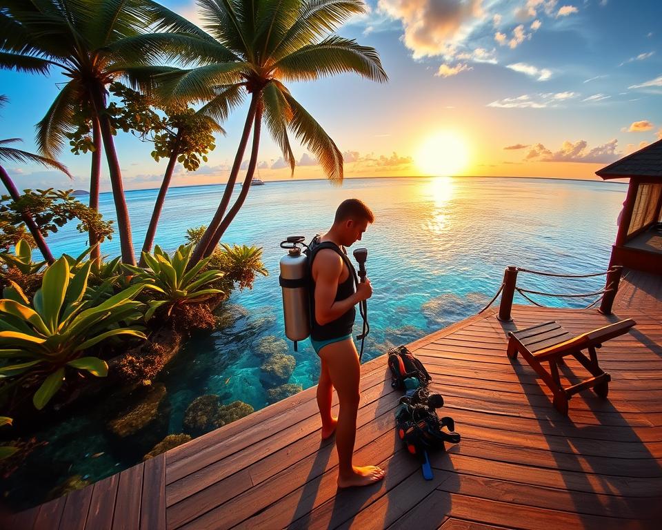 A serene diving resort in Bali, surrounded by lush tropical greenery and a tranquil ocean. In the foreground, a professional diver in modest swimwear is preparing their equipment on a wooden deck, showcasing vibrant diving gear. The middle ground features crystal-clear waters, where colorful coral reefs and schools of tropical fish are visible beneath the surface. The background captures a picturesque sunset over the horizon, casting warm golden light across the scene, enhancing the tranquil atmosphere. Use a wide-angle lens to capture the expansive view, with soft, natural lighting to give a sense of peace and adventure. The overall mood should evoke a sense of exploration and the beauty of underwater life in Bali.