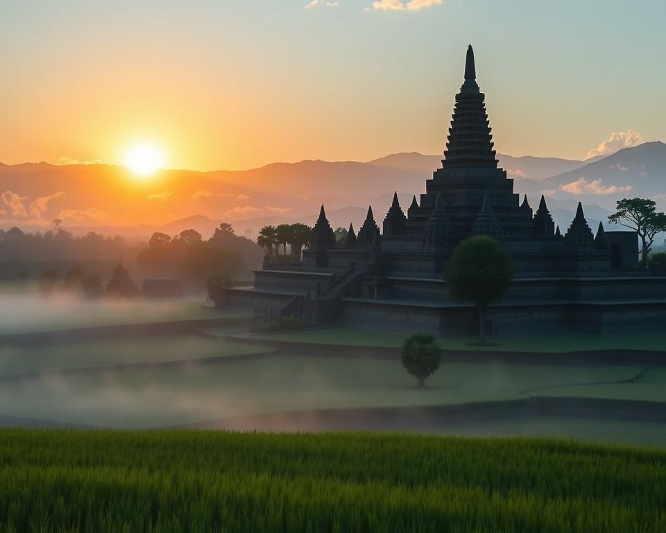 A serene early morning scene at Borobudur, featuring the iconic temple illuminated by the soft golden light of sunrise. The foreground includes lush green terraced rice fields, dotted with morning mist, creating a tranquil atmosphere. In the middle ground, the grand structure of Borobudur rises majestically, showcasing its intricate stone carvings and stupas. The background is framed by distant misty hills and a clear blue sky, with hints of scattered clouds enhancing the peaceful ambiance. The overall mood is one of calm and wonder, inviting viewers to feel the beauty and spirituality of this UNESCO World Heritage site. The image is captured with a wide-angle lens to encompass the landscape and temple, emphasizing depth and perspective. No people are present, ensuring the focus remains on the magnificent architecture and natural surroundings.