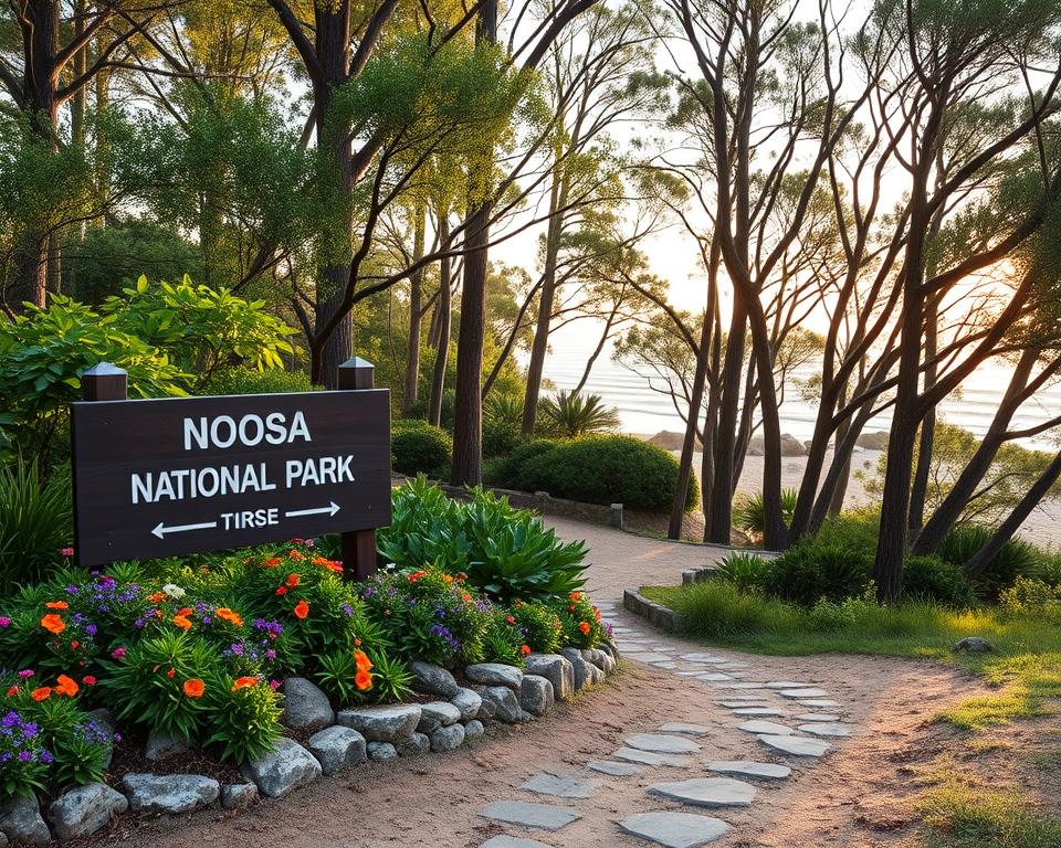 A serene entrance to Noosa National Park, showcasing a wooden sign reading "Noosa National Park" surrounded by lush green foliage and vibrant wildflowers. In the foreground, include a well-trodden path lined with natural stones leading into the park. The middle ground features tall eucalyptus trees with dappled sunlight filtering through the leaves, creating a warm, inviting atmosphere. In the background, a hint of the coastline can be seen, with gentle waves lapping against a sandy beach. The scene is set during golden hour, casting a soft, warm glow across the landscape. Capture the essence of a peaceful nature reserve, emphasizing the beauty and tranquility of the environment.