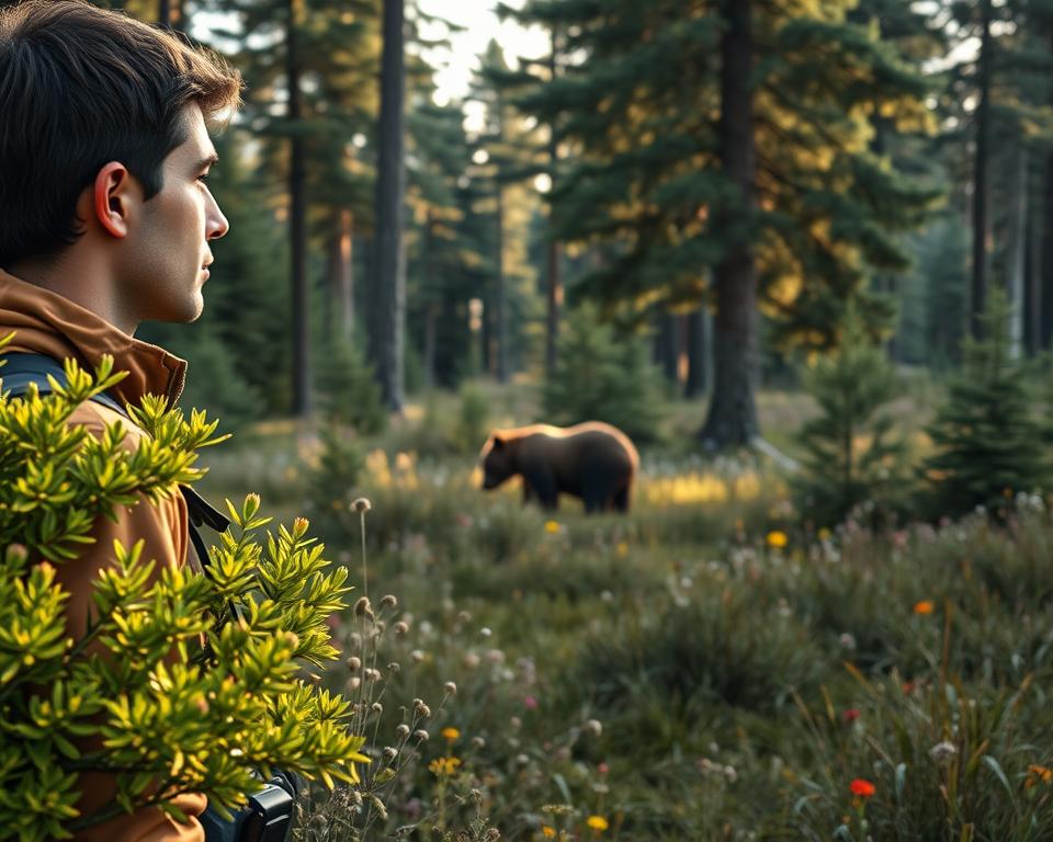 A serene forest scene set in Sweden, featuring a cautious hiker in professional outdoor attire observing a bear at a safe distance. The foreground showcases the hiker, mid-30s, with a focused expression, standing beside a vibrant green bush. In the middle ground, the bear is calmly foraging, appearing non-threatening, surrounded by wildflowers and dense trees that emphasize the untamed beauty of the wilderness. The background reveals towering pines and soft, dappled sunlight filtering through the canopy, creating a peaceful yet alert atmosphere. Use a slightly elevated perspective to capture both the hiker and the bear effectively, with warm, natural lighting to evoke a sense of peaceful coexistence, ensuring all visual elements underscore safety in wildlife encounters. A serene forest scene set in Sweden, featuring a cautious hiker in professional outdoor attire observing a bear at a safe distance. The foreground showcases the hiker, mid-30s, with a focused expression, standing beside a vibrant green bush. In the middle ground, the bear is calmly foraging, appearing non-threatening, surrounded by wildflowers and dense trees that emphasize the untamed beauty of the wilderness. The background reveals towering pines and soft, dappled sunlight filtering through the canopy, creating a peaceful yet alert atmosphere. Use a slightly elevated perspective to capture both the hiker and the bear effectively, with warm, natural lighting to evoke a sense of peaceful coexistence, ensuring all visual elements underscore safety in wildlife encounters.