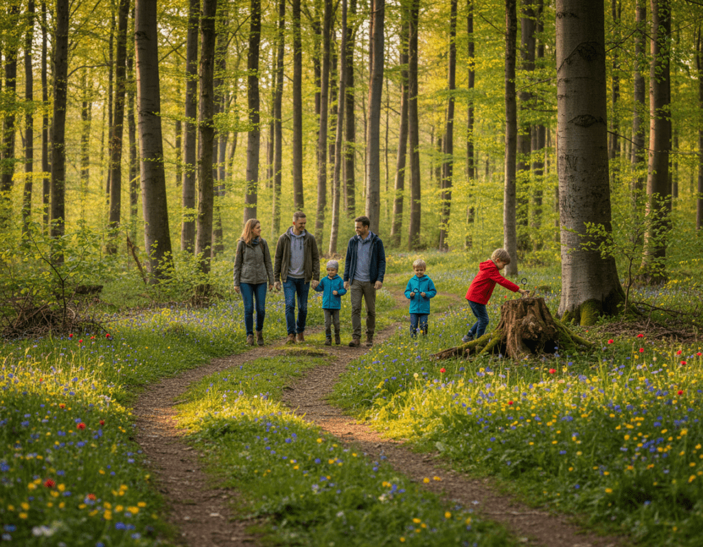 A serene forest trail at Walderlebnispfad Bayern, showcasing the beauty of nature. In the foreground, a gentle path winds through lush greenery, dotted with vibrant wildflowers and soft moss. In the middle ground, families walk together, children exploring with curiosity, all dressed in modest casual clothing, embodying a spirit of adventure and discovery. In the background, towering trees stretch upwards, their leaves shimmering in the warm sunlight filtering through the canopy, creating a dappled light effect. The atmosphere is peaceful and inviting, perfect for a day of outdoor exploration. The scene is captured from a slight elevation, using a wide-angle lens to encompass the expansive beauty of the landscape, with soft focus on distant trees to create depth.