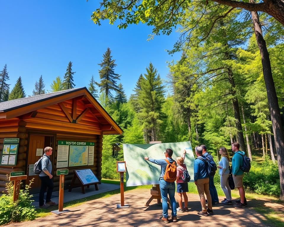 A serene, forested landscape of Skuleskogen Nationalpark under a clear blue sky. In the foreground, a wooden visitor center featuring a rustic design sits welcomingly, surrounded by informational maps and signposts pointing to various hiking trails. In the middle ground, a diverse group of visitors, dressed in casual outdoor attire, study a large topographical map, pointing excitedly at different paths. Lush greenery and towering trees create a natural backdrop, emphasizing the park's beauty. Soft sunlight filters through the leaves, casting dappled shadows on the ground. The overall atmosphere is inviting and adventurous, capturing the essence of outdoor exploration and navigation in a national park setting. Use a wide-angle lens to encompass both the center and the surrounding nature within a bright, vibrant color palette.