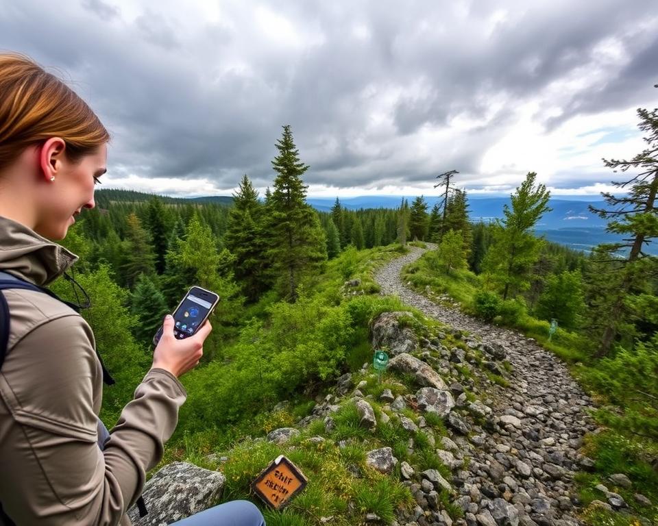 A serene hiking scene in Skuleskogen Nationalpark, Sweden, emphasizing safety while trekking. In the foreground, a hiker in modest casual clothing checks a weather app on their phone, showcasing attention to weather conditions. In the middle ground, a winding rocky trail leads through lush, green forest, with signs indicating safe hiking practices. Diverse trees surround the path, adding depth to the scene. In the background, a dramatic sky displays a mix of clouds signaling impending weather changes, casting a gentle light on the landscape. The atmosphere conveys tranquility yet underscores the importance of caution in outdoor adventures. Shot with a wide-angle lens to capture the expansive nature setting, ensuring a clear, bright image that invites viewers to engage with the environment safely.