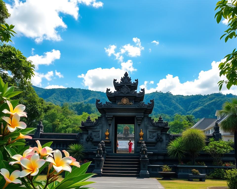 A serene image of a traditional Balinese temple, showcasing intricate stone carvings and lush greenery surrounding the structure. In the foreground, vibrant frangipani flowers and tropical plants add color and life. The middle ground features the temple's ornate gateway and tiered roofs, adorned with golden offerings reflecting the Bali tradition. In the background, gently rolling hills covered in dense forest complement the sacred atmosphere. A clear blue sky with soft white clouds casts dappled sunlight over the scene, highlighting the temple's details and creating a peaceful ambiance. The composition is framed using a wide-angle lens to capture the full scale of the temple, evoking a sense of tranquility and reverence, perfect for illustrating Bali as the "Island of the Gods." A serene image of a traditional Balinese temple, showcasing intricate stone carvings and lush greenery surrounding the structure. In the foreground, vibrant frangipani flowers and tropical plants add color and life. The middle ground features the temple's ornate gateway and tiered roofs, adorned with golden offerings reflecting the Bali tradition. In the background, gently rolling hills covered in dense forest complement the sacred atmosphere. A clear blue sky with soft white clouds casts dappled sunlight over the scene, highlighting the temple's details and creating a peaceful ambiance. The composition is framed using a wide-angle lens to capture the full scale of the temple, evoking a sense of tranquility and reverence, perfect for illustrating Bali as the "Island of the Gods."