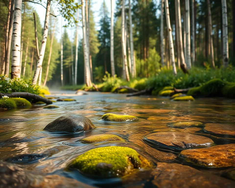 A serene image of clear freshwater springs in a lush Swedish forest. In the foreground, glistening water flows gently over smooth stones, surrounded by vibrant green moss and small wildflowers. The middle ground showcases tall, slender birch trees with their white bark and delicate leaves, filtering soft sunlight that creates dappled patterns on the ground. In the background, the forest thickens with evergreens, casting gentle shadows, while the distant sound of nature adds to the tranquil atmosphere. The lighting is warm and inviting, evoking a peaceful summer day, with a slight mist rising over the water, enhancing the sense of wild beauty in this untouched wilderness. The composition captures a timeless moment of natural serenity, ideal for illustrating the essence of camping and replenishment in Sweden's wild.