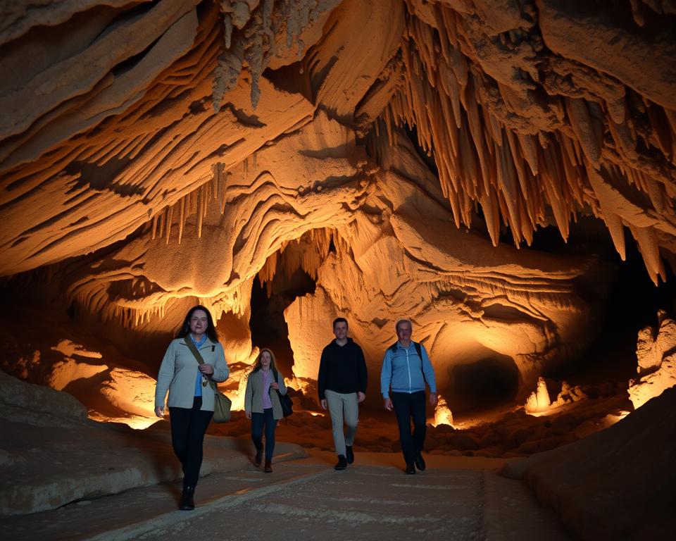 A serene interior view of the Schlossberghöhlen caves in Homburg, showcasing the unique geological formations of stalactites and stalagmites illuminated by soft, warm lighting. In the foreground, a group of four adults dressed in modest casual clothing, calmly exploring the cave, paying respect to the environment as they carefully navigate through the rocky pathways. The middle ground features intricate patterns of the cave walls, with natural textures and earthy colors creating a tranquil atmosphere. In the background, the cave extends into shadowy recesses, adding depth and mystery. The overall mood is peaceful and reverent, inviting viewers to appreciate the beauty of the natural surroundings. The perspective should be slightly elevated, capturing both the people and the enchanting formations around them, with a shallow depth of field to enhance the focus on the explorers.