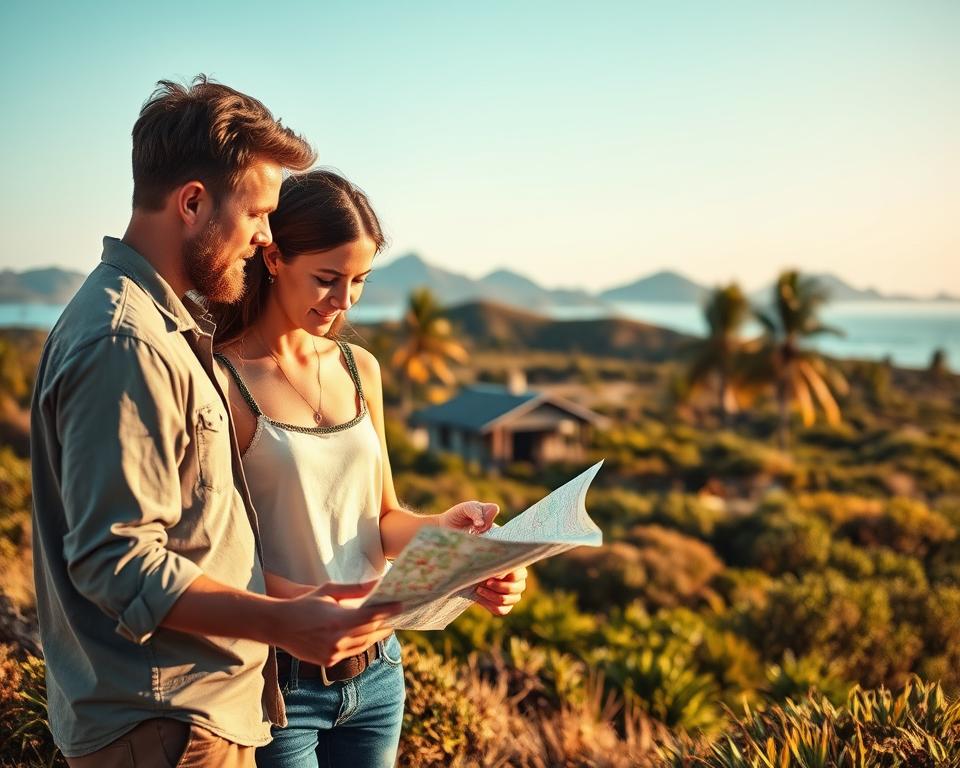 A serene island landscape showcasing the challenges of island living. In the foreground, a couple dressed in modest casual clothing examines a map, looking thoughtfully at their surroundings. In the middle ground, a small, rustic house blends harmoniously with tropical vegetation, with a few palm trees swaying lazily in the breeze. In the background, distant hills rise gently against a clear blue sky, suggesting isolation yet beauty. Soft, warm lighting illuminates the scene, casting gentle shadows and creating an inviting atmosphere. The overall mood appears reflective and optimistic, capturing the essence of overcoming obstacles in a tranquil island setting.