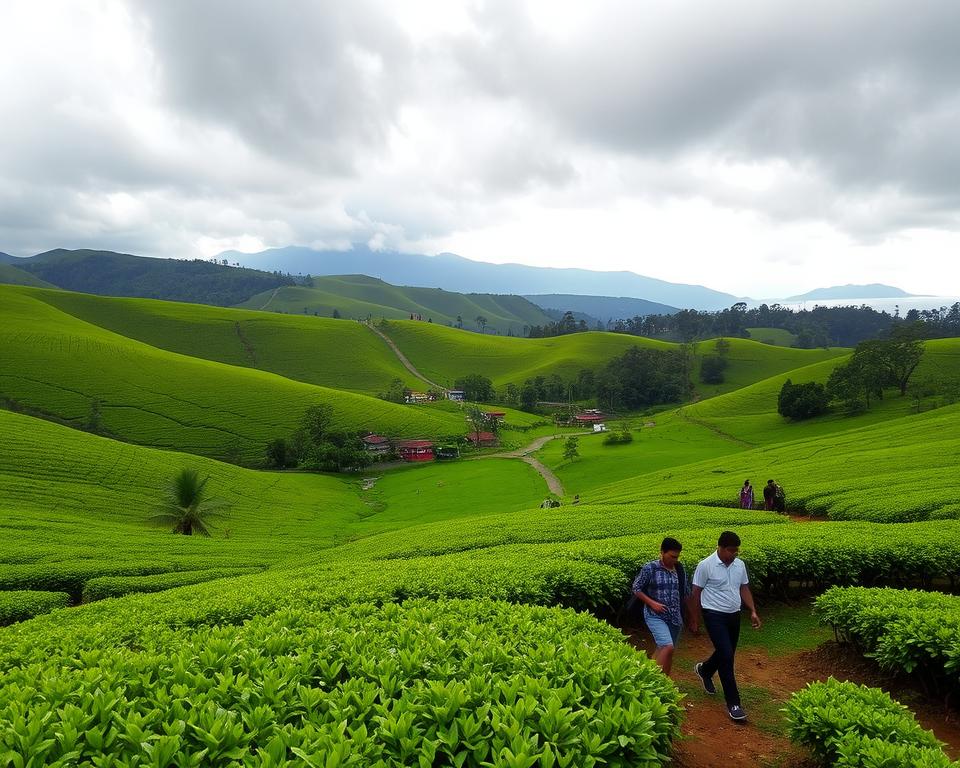 A serene landscape depicting India during the monsoon season, showcasing lush green hills rolling into the distance under dark, dramatic clouds. In the foreground, a vibrant tea plantation thrives, with dew-kissed leaves glistening under soft, diffused sunlight. A small group of travelers, dressed in modest casual clothing, strolls along a winding path, marveling at the vibrant flora and enjoying the refreshing atmosphere. The middle ground features a traditional Indian village with colorful houses, nestled harmoniously within the greenery. In the background, distant mountains rise, partly shrouded in mist, enhancing the mystical feel of the region. The overall mood is one of tranquility and adventure, hinting at the beauty of India during the monsoon, inviting viewers to appreciate its unique charm.