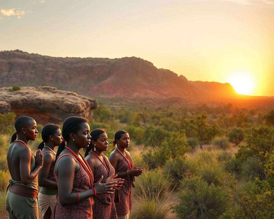 A serene landscape depicting Kakadu National Park, showcasing the rich Aboriginal culture. In the foreground, a group of Aboriginal people in modest, traditional attire are engaged in a respectful cultural ceremony, their expressions showing reverence and connection to nature. In the middle ground, ancient rock art is visible on rocky outcrops, illustrating traditional stories. The background features the iconic sandstone escarpments under a soft, golden sunset, casting warm hues across the scene. A gentle breeze stirs the lush vegetation, adding movement to the tranquil atmosphere. Capture the image with a wide-angle lens, emphasizing the vastness of the landscape while keeping the characters in sharp focus. The mood is one of harmony and respect, inviting viewers to appreciate the beauty of nature and culture intertwined.