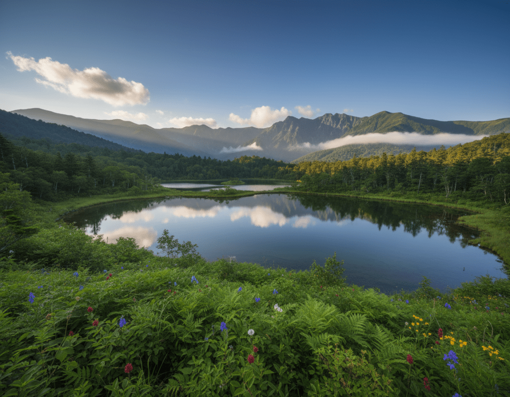 A serene landscape depicting five beautiful lakes situated in Shiretoko National Park, Japan. In the foreground, lush green foliage and vibrant wildflowers frame the scene, while the middle ground showcases the crystalline lakes, reflecting the stunning blue sky and surrounding mountains. The hills in the background are capped with dense forests, transitioning to rugged peaks kissed by soft clouds. The lighting is warm and golden, suggesting late afternoon, creating a tranquil and inviting atmosphere. The scene is captured with a wide-angle lens to emphasize the expansive views, inviting the viewer to feel immersed in this untouched natural paradise. The overall mood is peaceful and awe-inspiring, celebrating the beauty of nature.