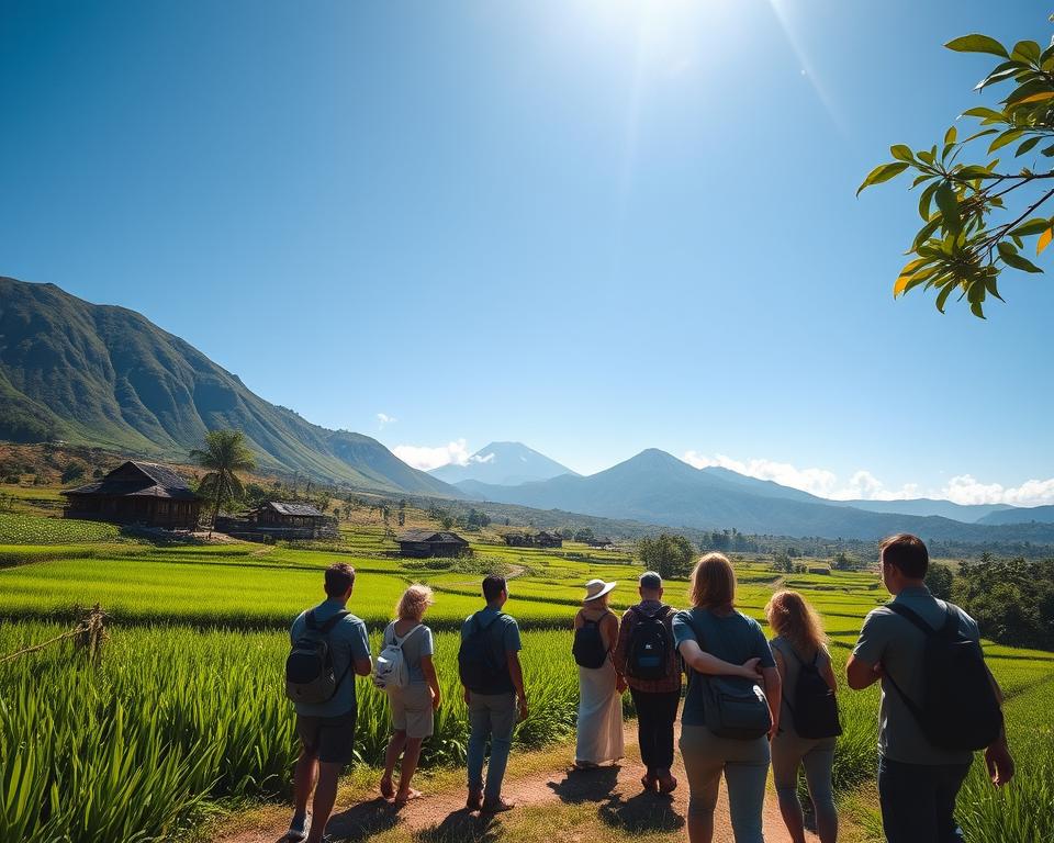 A serene landscape depicting sustainable tourism on Flores Island, Indonesia. In the foreground, a group of travelers in modest casual clothing, engaging in eco-friendly activities such as hiking and birdwatching. The middle ground features lush green rice paddies and traditional wooden houses, set against a backdrop of volcanic mountains and a clear blue sky. Gentle sunlight bathes the scene, creating a warm, inviting atmosphere. The focus is on harmony between nature and human activity, showcasing vibrant flora and fauna. The angle is slightly elevated, capturing the beauty of the landscape and the sustainable practices of local communities.