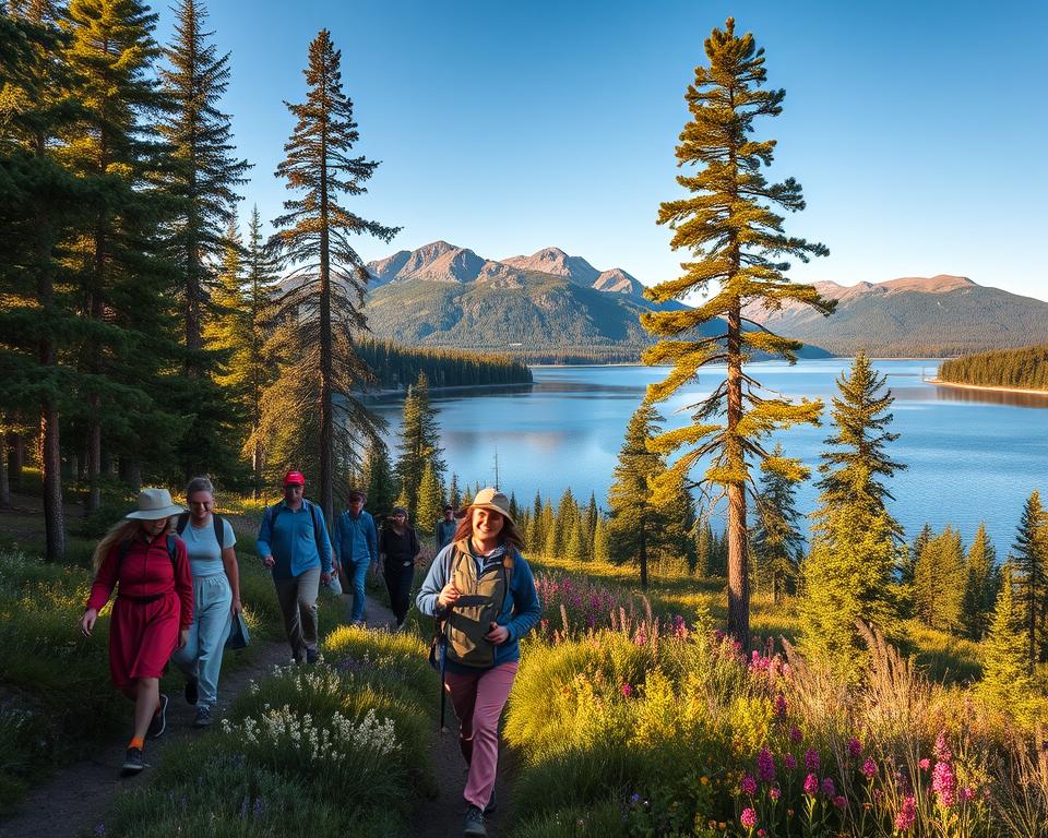 A serene landscape depicting the beauty of Sweden’s wilderness, filled with lush green forests and tranquil lakes. In the foreground, a diverse group of people dressed in modest outdoor clothing are joyfully hiking along a scenic trail, exploring the rich flora and fauna of the area. The middle ground features tall pine trees and vibrant wildflowers, leading to a calm lake reflecting the clear blue sky. In the background, majestic mountains rise under the soft glow of golden hour sunlight, casting gentle shadows. The atmosphere should convey a sense of peace, adventure, and respect for nature, emphasizing the concept of "Allemansrätten." The lighting should be warm and inviting, captured with a wide-angle lens to emphasize the expansive beauty of the Swedish landscape.