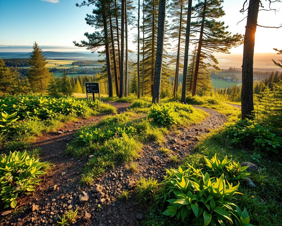 A serene landscape depicting the contrast between Sweden's Allemansrätten and Germany's Betretungsrechte. In the foreground, a well-tread hiking path surrounded by lush greenery, showcasing diverse wildflowers and small rocks, symbolizing accessibility and nature. In the middle ground, a peaceful Scandinavian forest with tall birch and pine trees, with a visible trail sign indicating paths for exploration, emphasizing the freedom of access. The background features a distant view of the German countryside with rolling hills and a soft blue sky. The lighting is warm and inviting, with golden-hour rays filtering through the trees, creating a tranquil and respectful atmosphere. The composition should evoke a sense of harmony with nature, encouraging responsible enjoyment of outdoor spaces.