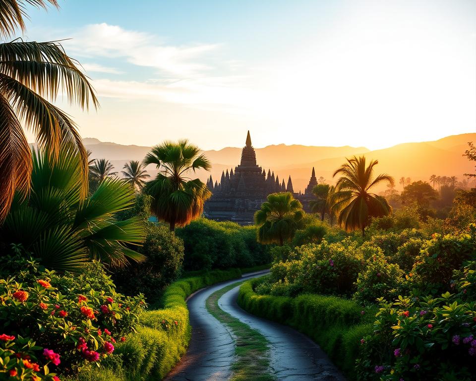 A serene landscape depicting the journey to Borobudur Temple in Indonesia, showcasing a lush, green pathway leading through tropical foliage. In the foreground, a narrow, winding road bordered by vibrant flowers and tall palm trees, inviting visitors. The middle ground features the iconic silhouette of Borobudur Temple rising majestically against the horizon, intricately carved stupas and Buddha statues visible. In the background, soft hills fade into a clear blue sky with gentle clouds, capturing the tranquil atmosphere. The lighting is warm and golden, reminiscent of early morning or late afternoon, casting long shadows and enhancing textures. The mood is peaceful and inviting, ideal for travelers embarking on this spiritual journey.