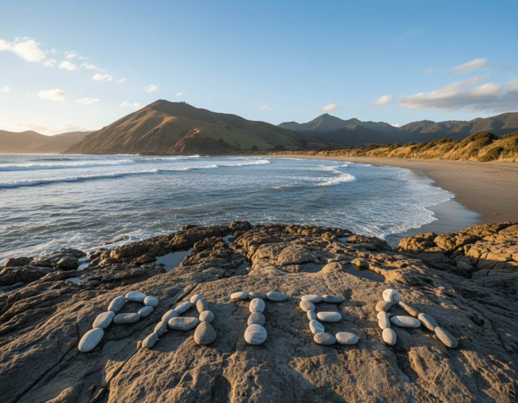 A serene landscape depicting the scenic beauty of Patea, New Zealand. In the foreground, gentle waves lap against rugged, picturesque cliffs, reflecting bright sunlight. The middle ground features a peaceful bay, with a glimpse of the original Maori name "Patea" artistically integrated into the scene, perhaps formed by smooth stones along the shore. In the background, lush green mountains rise under a clear blue sky, dotted with wispy clouds. The lighting is warm and inviting, suggesting a late afternoon glow. The mood is tranquil and reflective, drawing the viewer into the natural beauty and cultural significance of the name. The image conveys a sense of exploration and connection to history without any text or human figures.