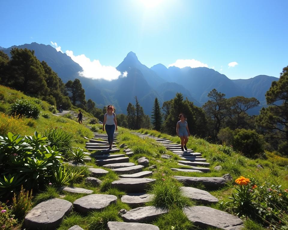 A serene landscape in Anaga Mountains, Tenerife, showcasing a gentle hiking trail surrounded by lush greenery. In the foreground, uneven stone paths wind through vibrant vegetation and colorful wildflowers, inviting novice hikers. The middle ground features a couple of diverse, modestly dressed hikers exploring the trail joyfully, embracing the beauty of nature. In the background, majestic, steep mountains rise dramatically, partially shrouded in soft mist under a bright, clear sky. Sunlight filters through the trees, casting dappled shadows and creating a tranquil atmosphere. Capture this scene with a wide-angle lens to emphasize the grandeur of the mountains and the inviting nature of the trail, evoking a sense of calm and adventure.